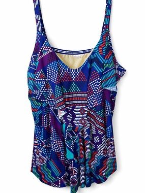 Roamans Blue Geometric Flyaway Tankini Swim Top Plus Size 22W Resort Beach